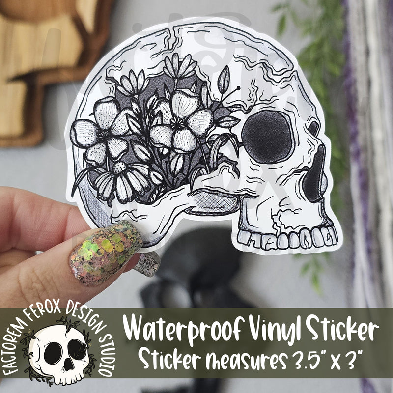 Monochrome Skull and Flowers Vinyl Sticker©