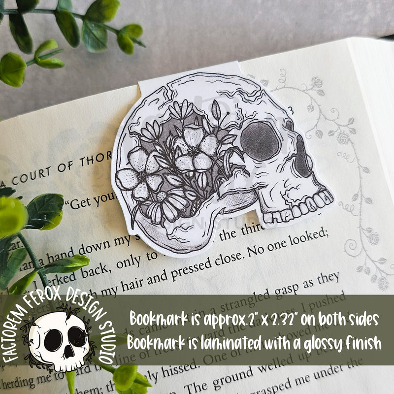 Monochrome Skull and Flowers Magnetic Bookmark ©