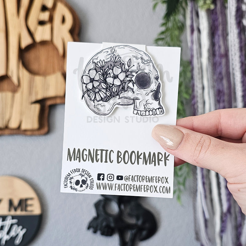 Monochrome Skull and Flowers Magnetic Bookmark ©