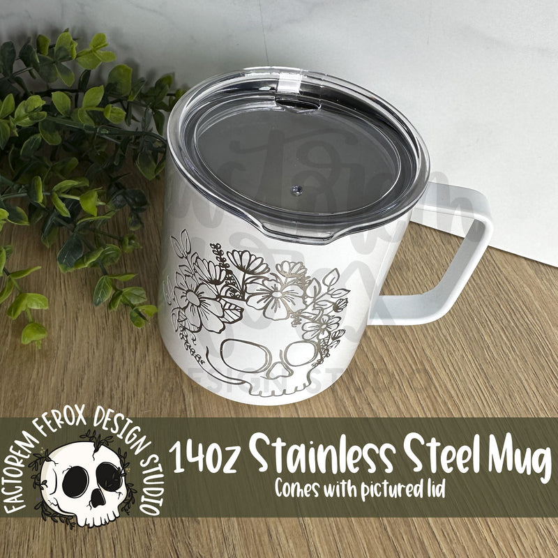 Skull and Flowers 14oz Engraved Stainless Steel Mug ©