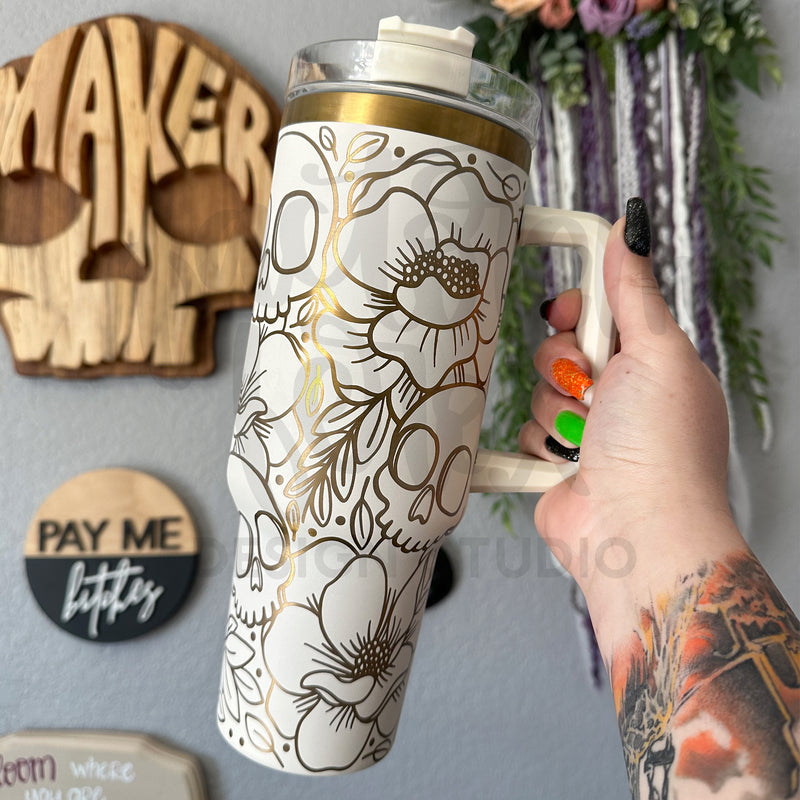 Skulls and Flowers Gold 40oz Engraved Stainless Steel Tumbler ©