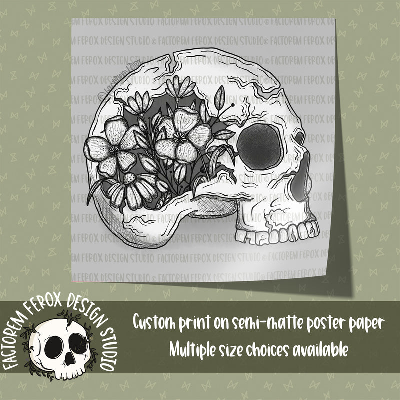 Monochrome Skull and Flowers Poster Print ©