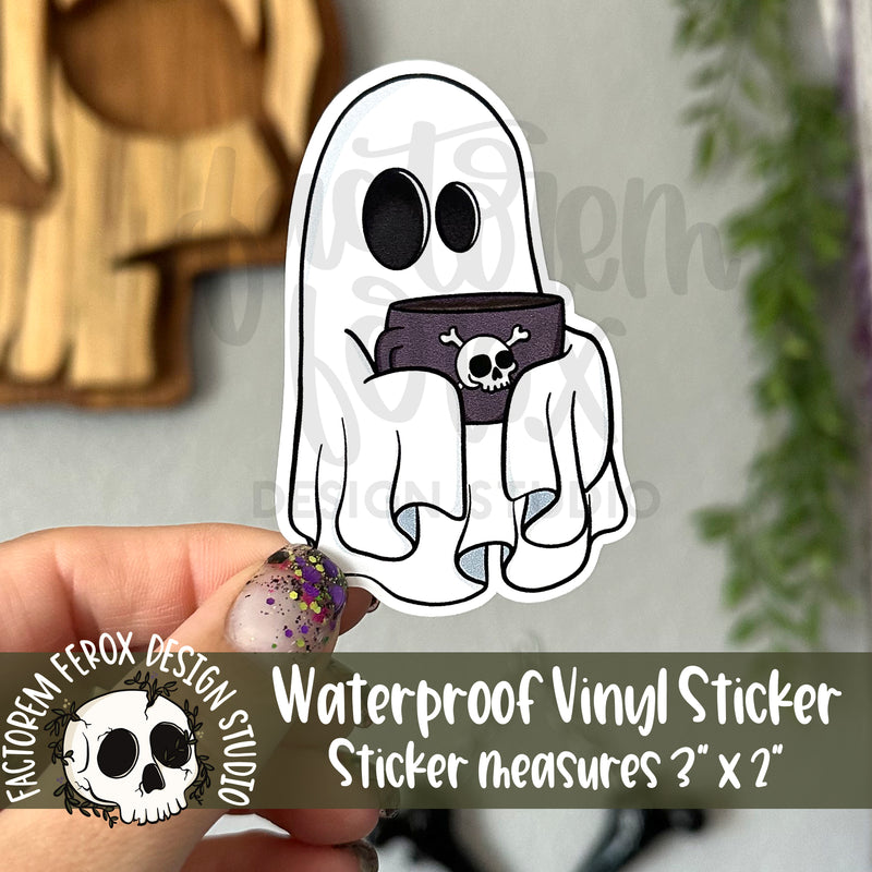 Ghost Holding Coffee Cup Vinyl Sticker©