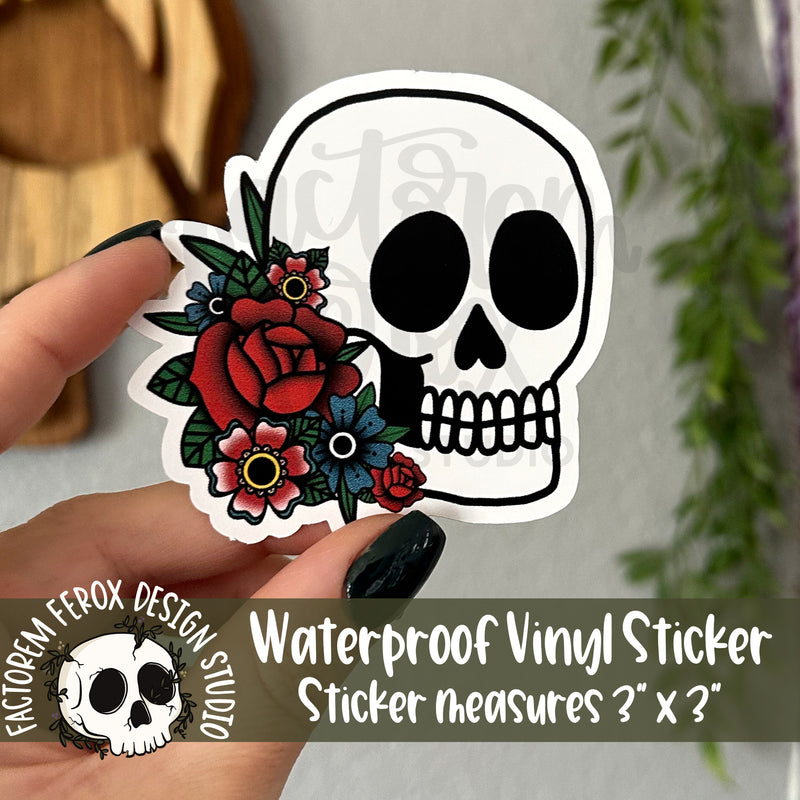 Skull and Flowers Vinyl Sticker©