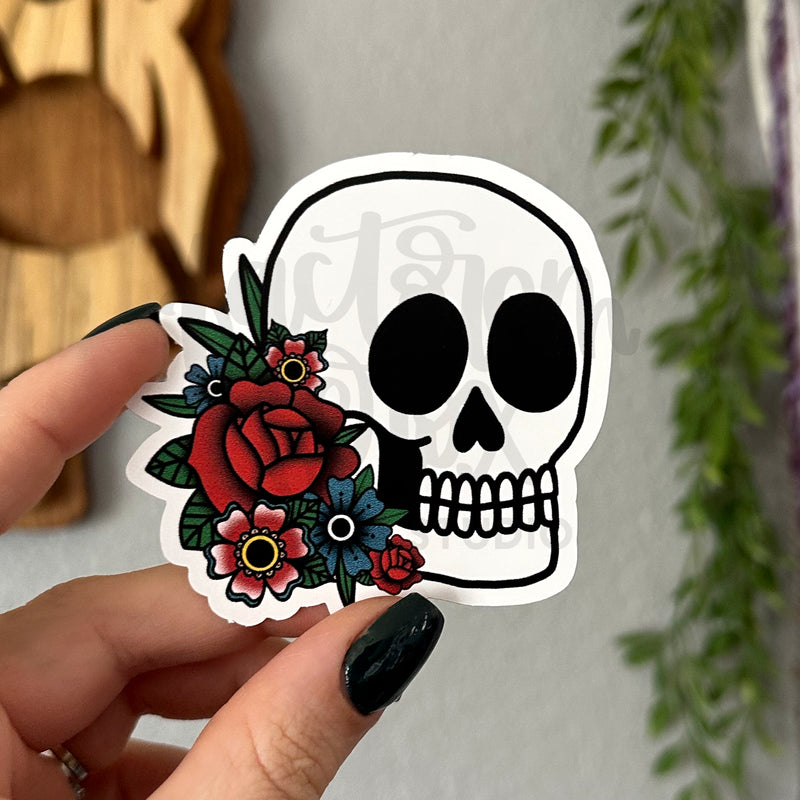 Skull and Flowers Vinyl Sticker©
