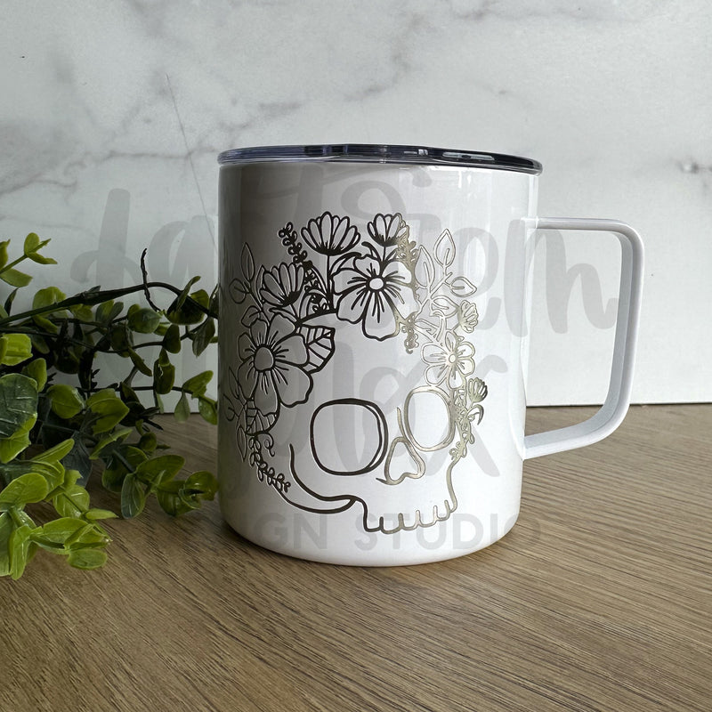 Skull and Flowers 14oz Engraved Stainless Steel Mug ©