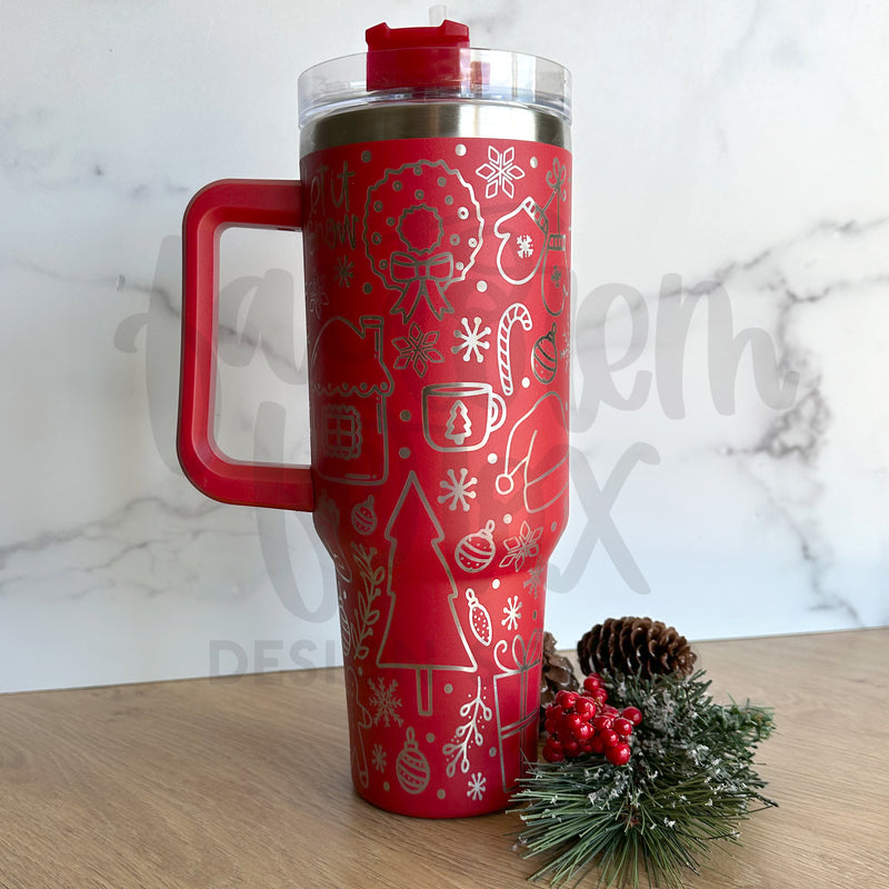 Red or Green Christmas Doodles Engraved Stainless Steel Tumbler ©