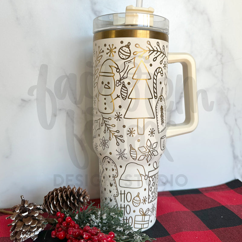 Christmas Doodles Gold 40oz Engraved Stainless Steel Tumbler ©