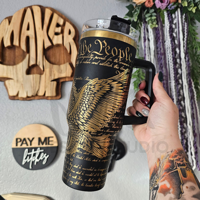 We The People Personalized 40oz Engraved Black and Gold Stainless Steel Tumbler ©