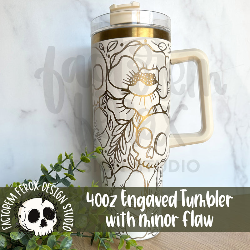 CLEARANCE - Skull and Flowers 40oz Engraved Stainless Steel Tumbler © With Flaws