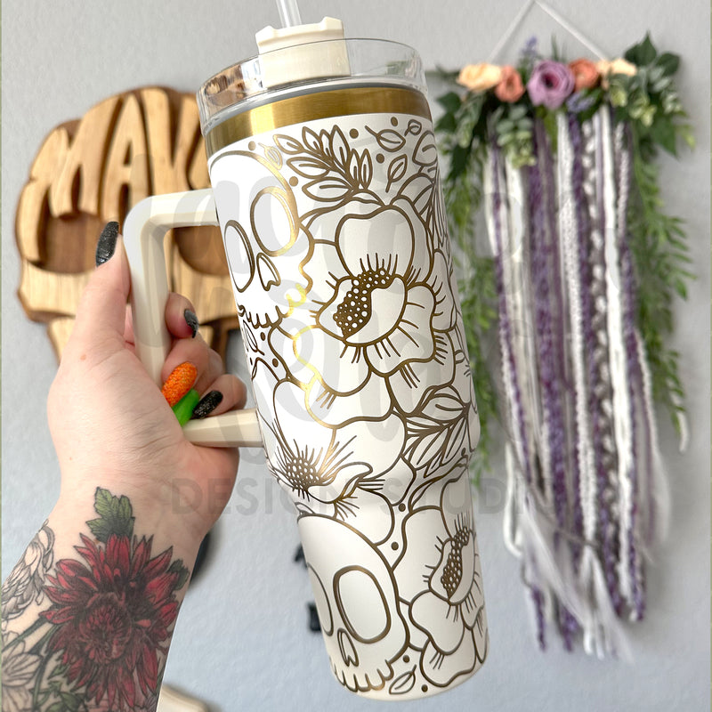 Skulls and Flowers Gold 40oz Engraved Stainless Steel Tumbler ©
