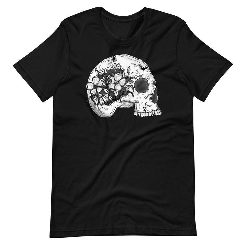 Monochrome Skull and Flowers Unisex T-Shirt ©