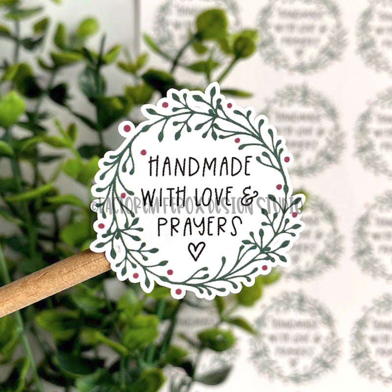 Handmade with Love and Prayers Red and Green Laurel Sticker ©
