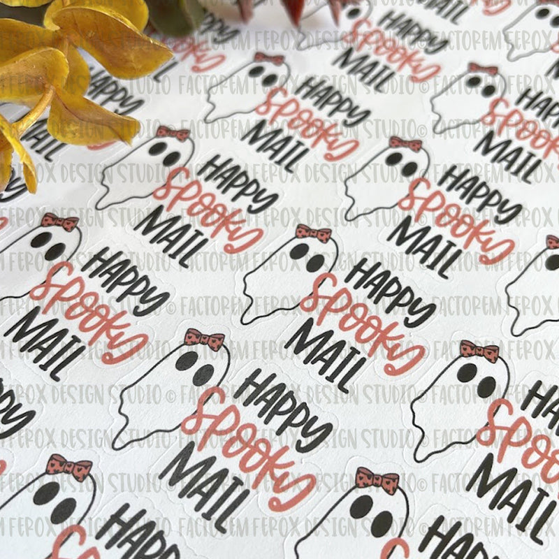 Happy Spooky Mail Ghost and Bow Sticker ©