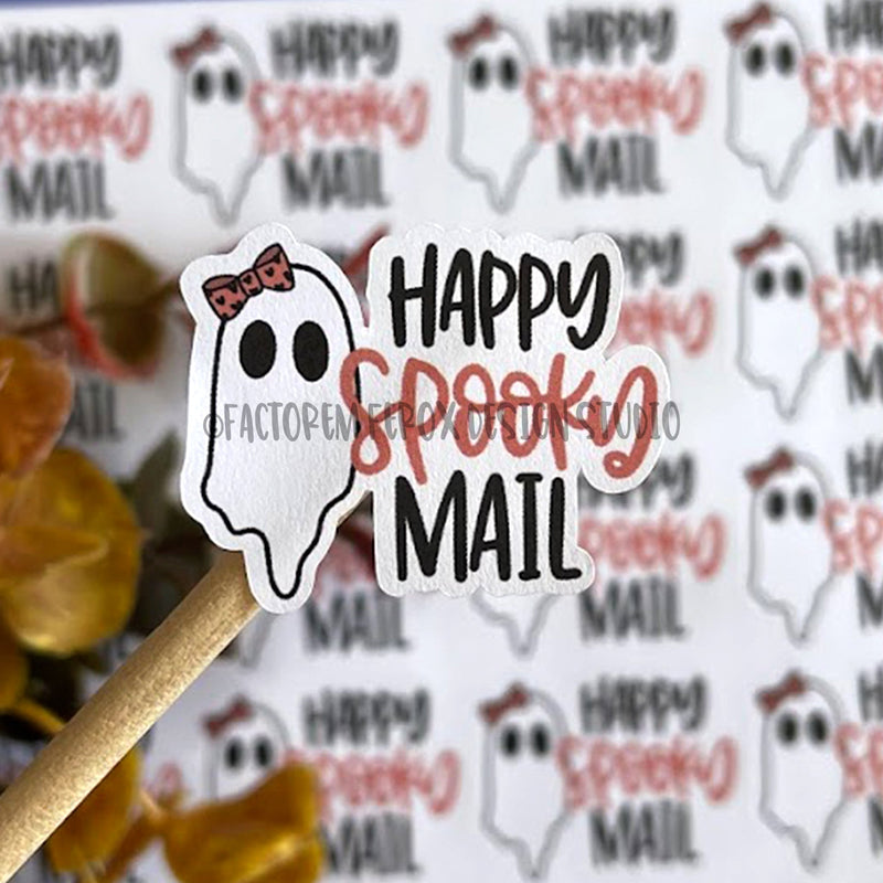 Happy Spooky Mail Ghost and Bow Sticker ©