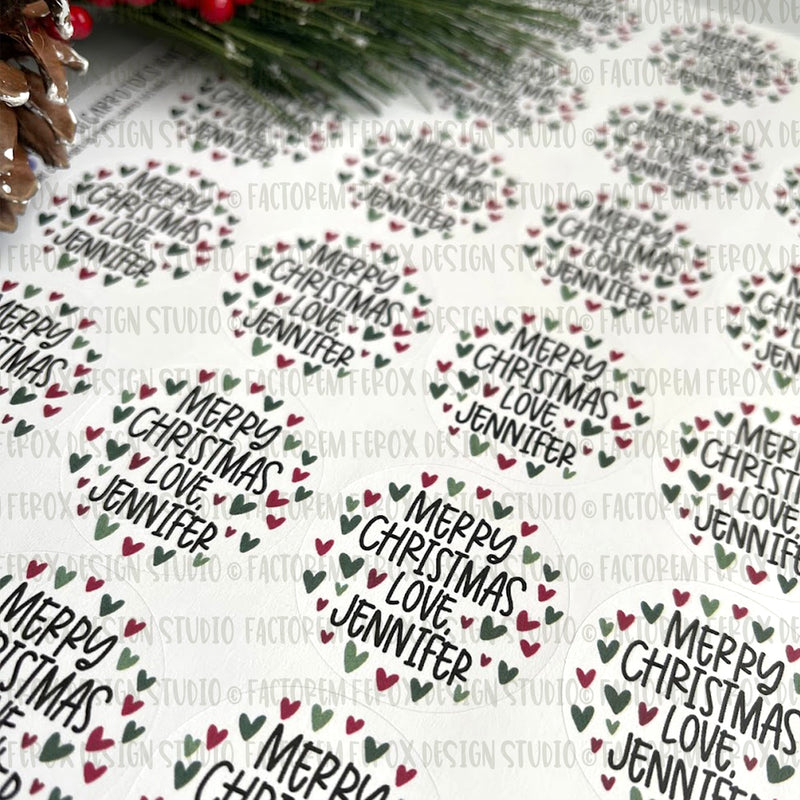 Personalized Merry Christmas Hearts Sticker ©