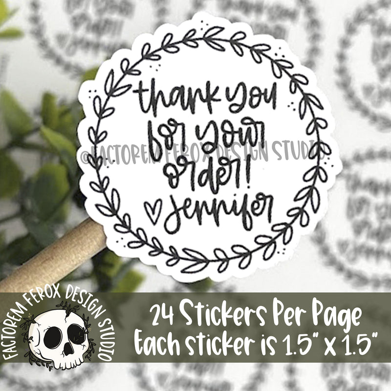Personalized Thank You for Your Order Black and White Laurel Sticker ©