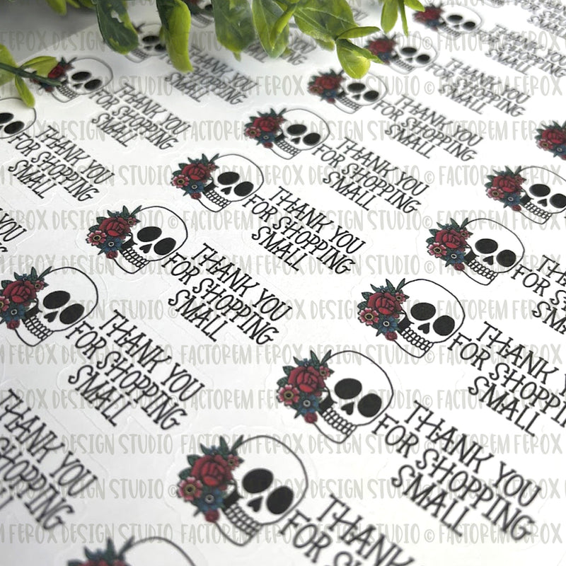 Thank You for Shopping Small Skull and Flowers Sticker ©