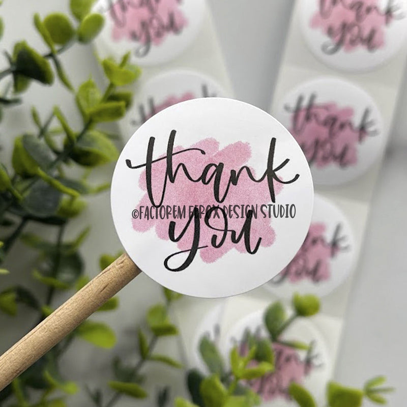 Thank You Pink Watercolor Stickers on a Roll ©